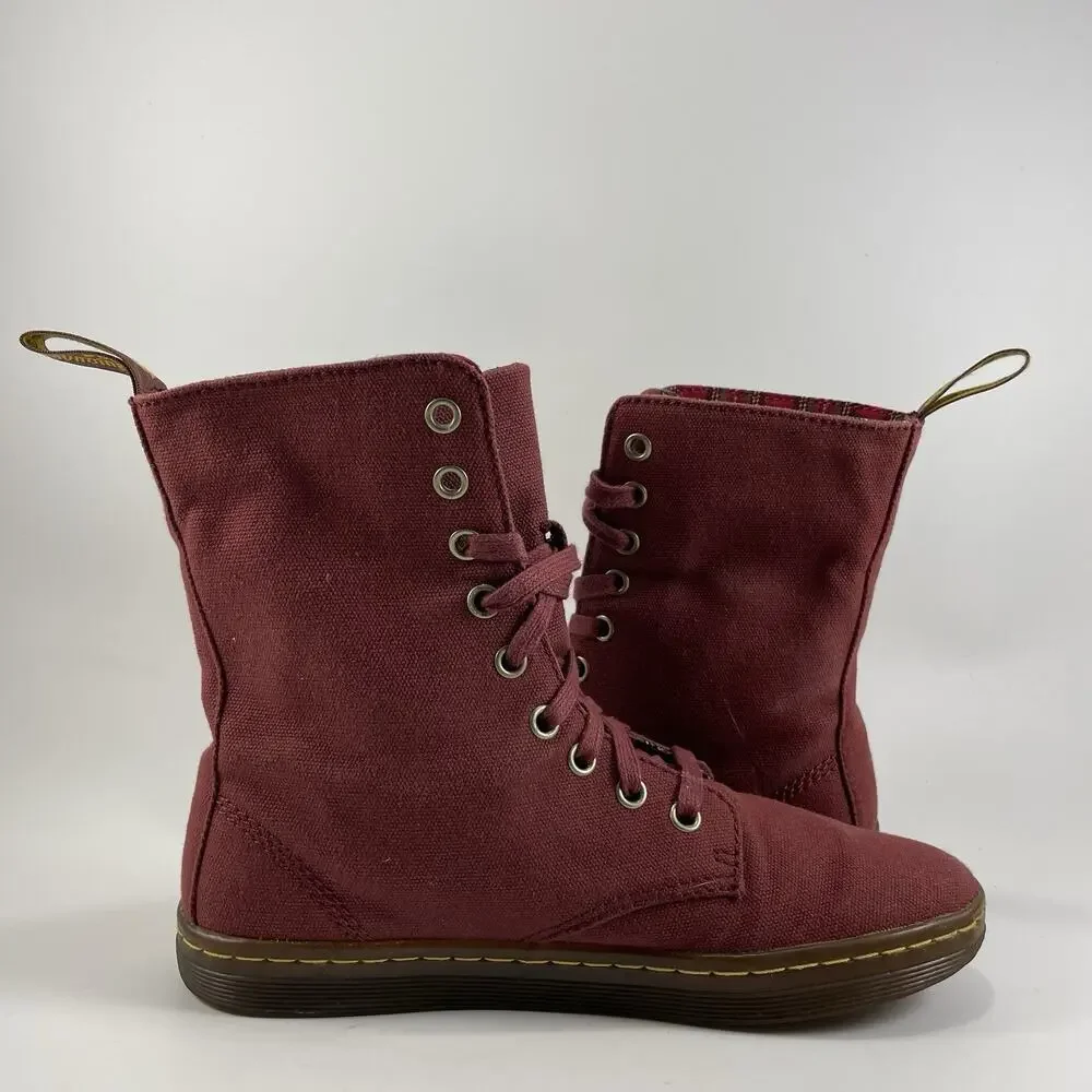 Dr Martens Docs Stratford Canvas Fold Over Boots Womens Size 6 Red Tartan Inlay